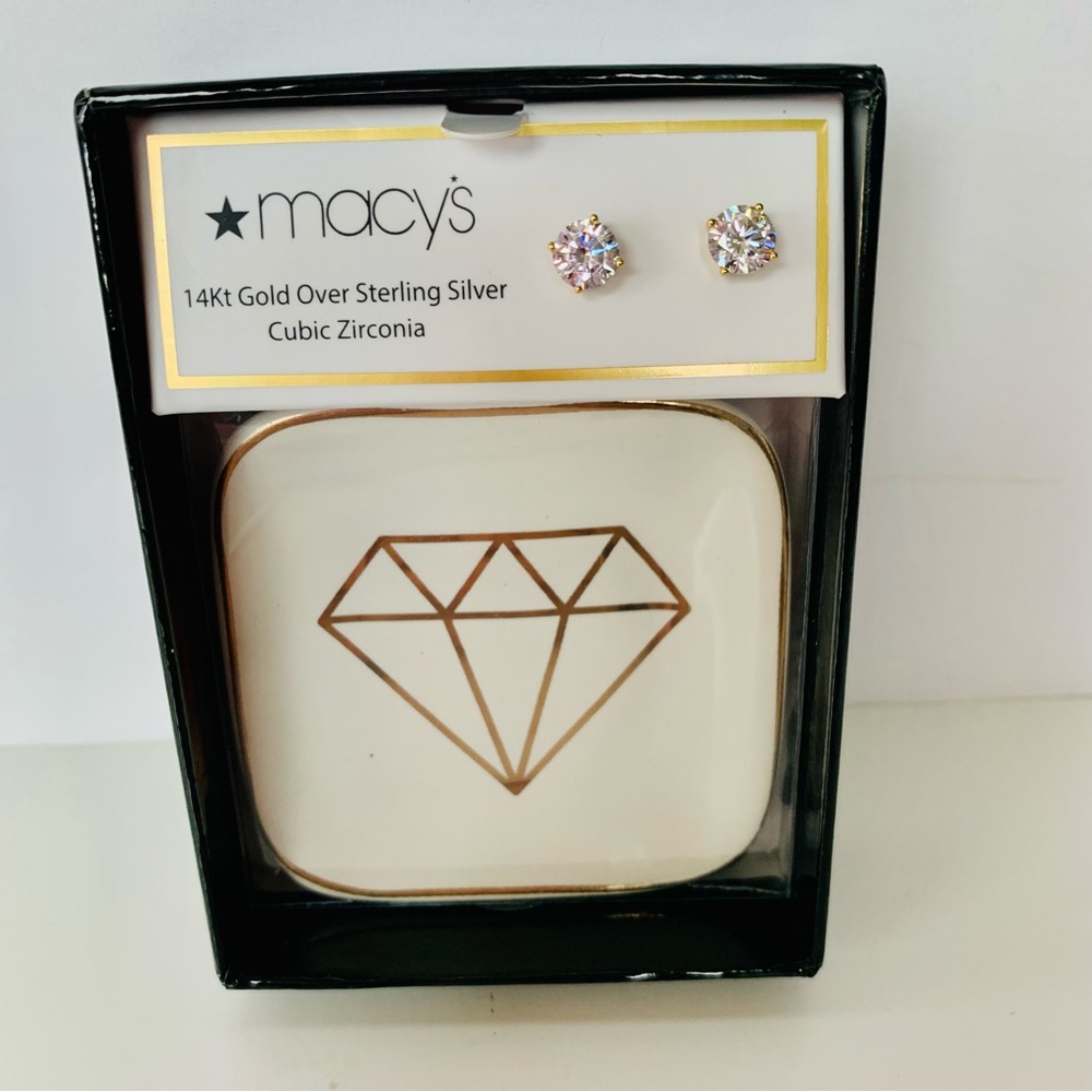 14kt Gold Over Sterling Silver Round Cubic Zirconia Stud Earrings NIB